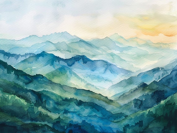 Blue Ridge Mountains Watercolor Foggy Forest Art Print
