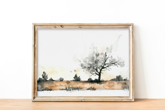 Tree Watercolor Painting Neutral Landscape Art Print Rustic Wall Art Decor By Feelingprints