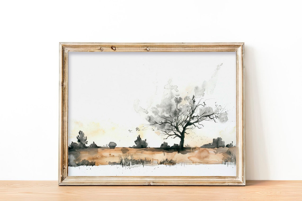 Tree Watercolor Painting Neutral Landscape Art Print Rustic Wall Art Decor By Feelingprints