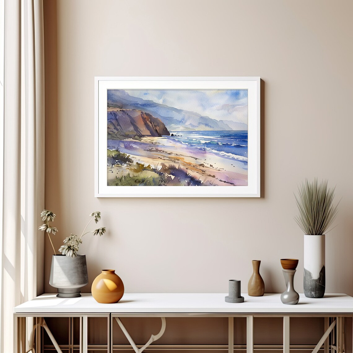 California Coastline Sandy Beach Rocky Cliffs Surf Watercolor Beach Poster - Image 5