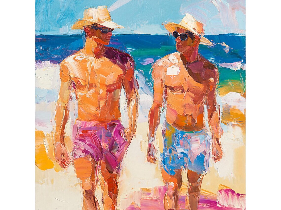 Two Men Beach Oil Painting Swimmers Sun Hats Summer Scene Poster