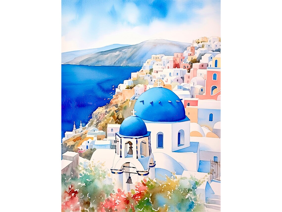 Santorini Watercolor Painting Greece Art Print