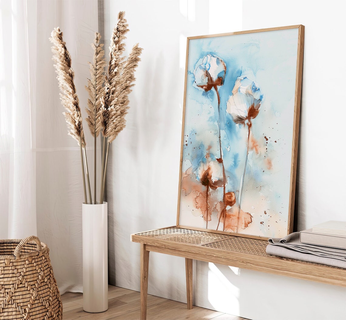 Delicate White Cotton Blossoms Abstract Floral Watercolor Poster - Image 2