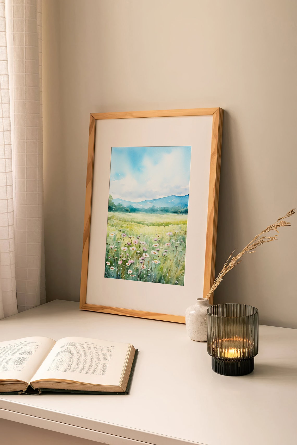 Daisy Wildflower Meadow Mountain Landscape Watercolor Wall Art - Image 2