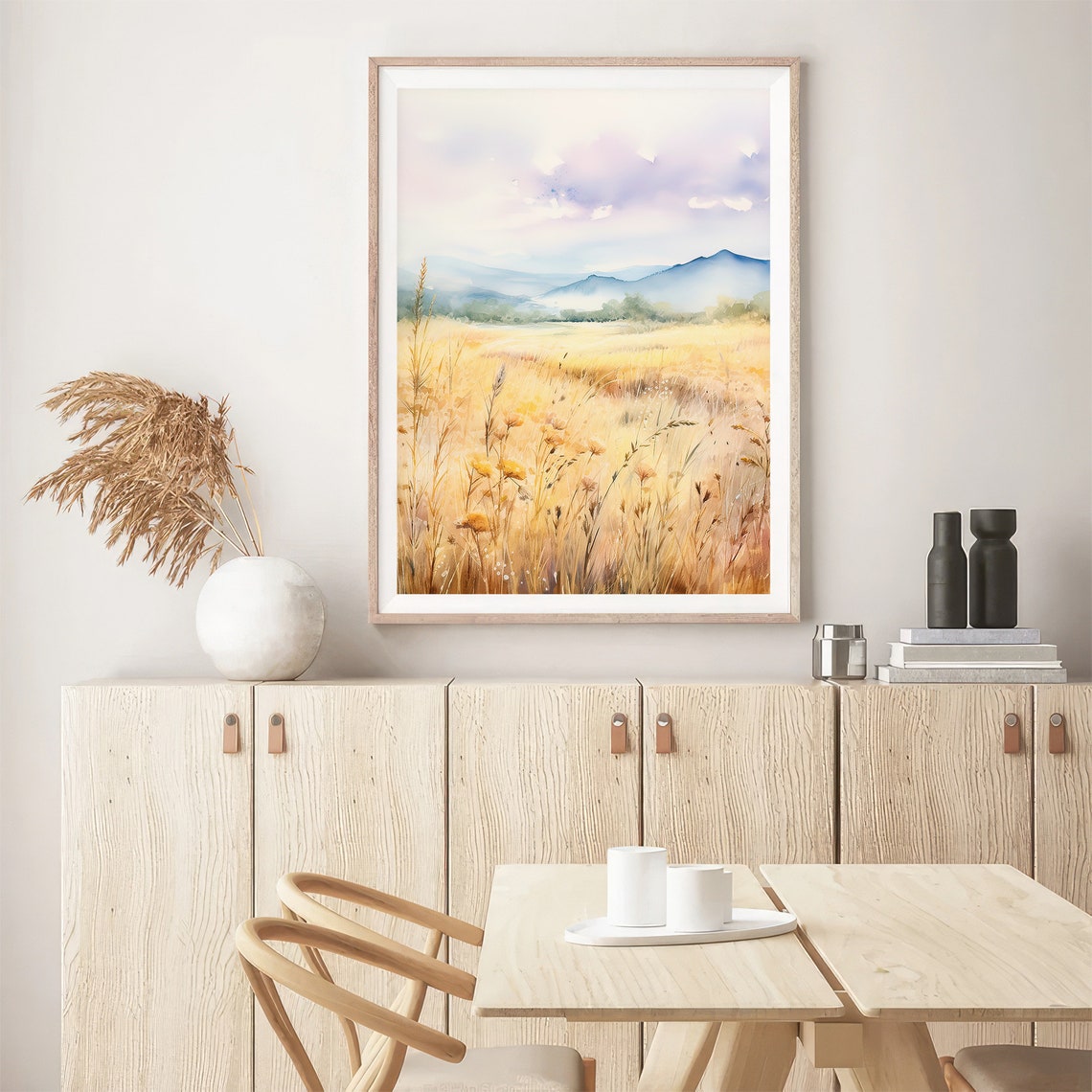 Golden Wheat Field Meadow Mountains Watercolor Poster Large Wall Decor - Image 5