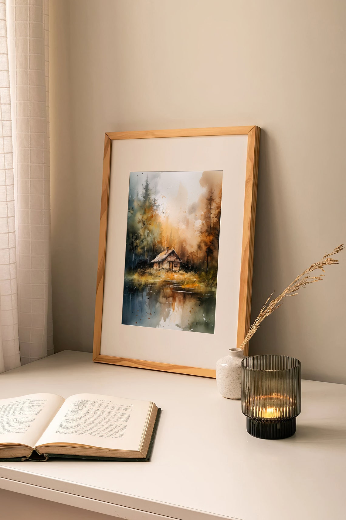Stunning Foggy Forest Cabin Lakeside Golden Autumn Watercolor Poster - Image 4