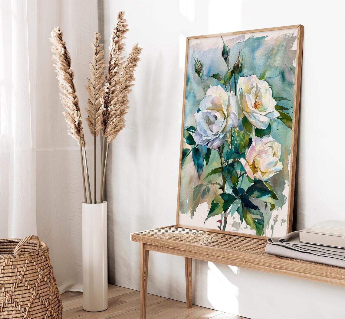 White Rose Watercolor Spring Gifts Wall Art Print - Image 2