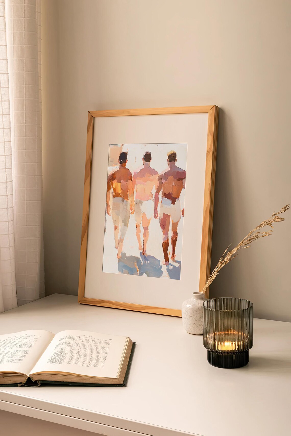 Three Men Beach Walking Watercolor Male Friendship Summer Art Print - Image 2