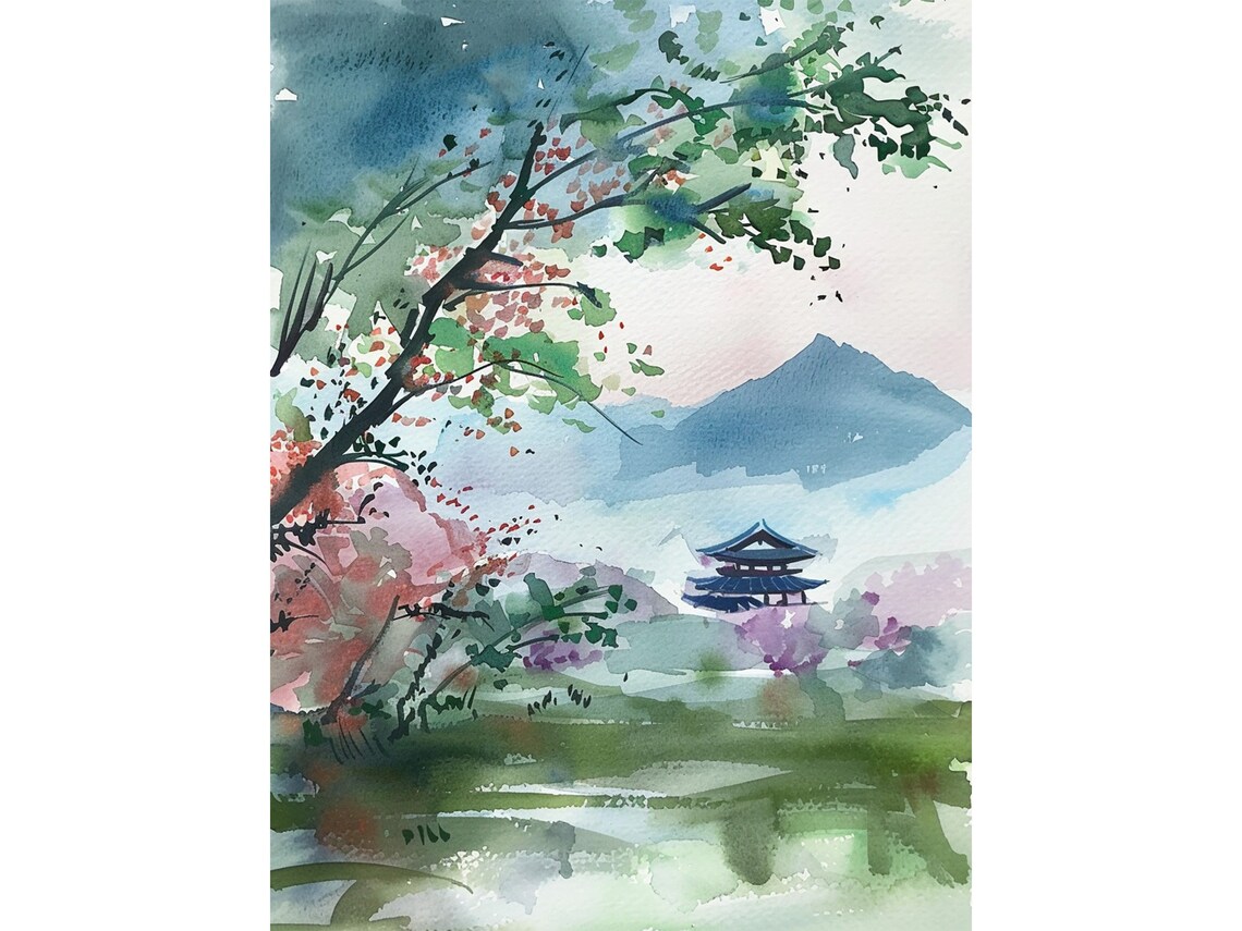 Kyoto Watercolor Painting Japan Landscape Art Print