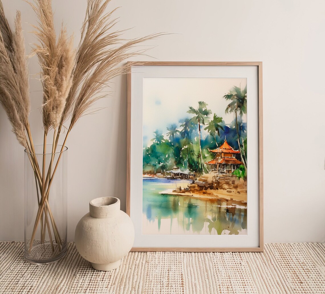 Bali Temple Pavilion Palm Beach Tropical Island Watercolor Poster - Image 4