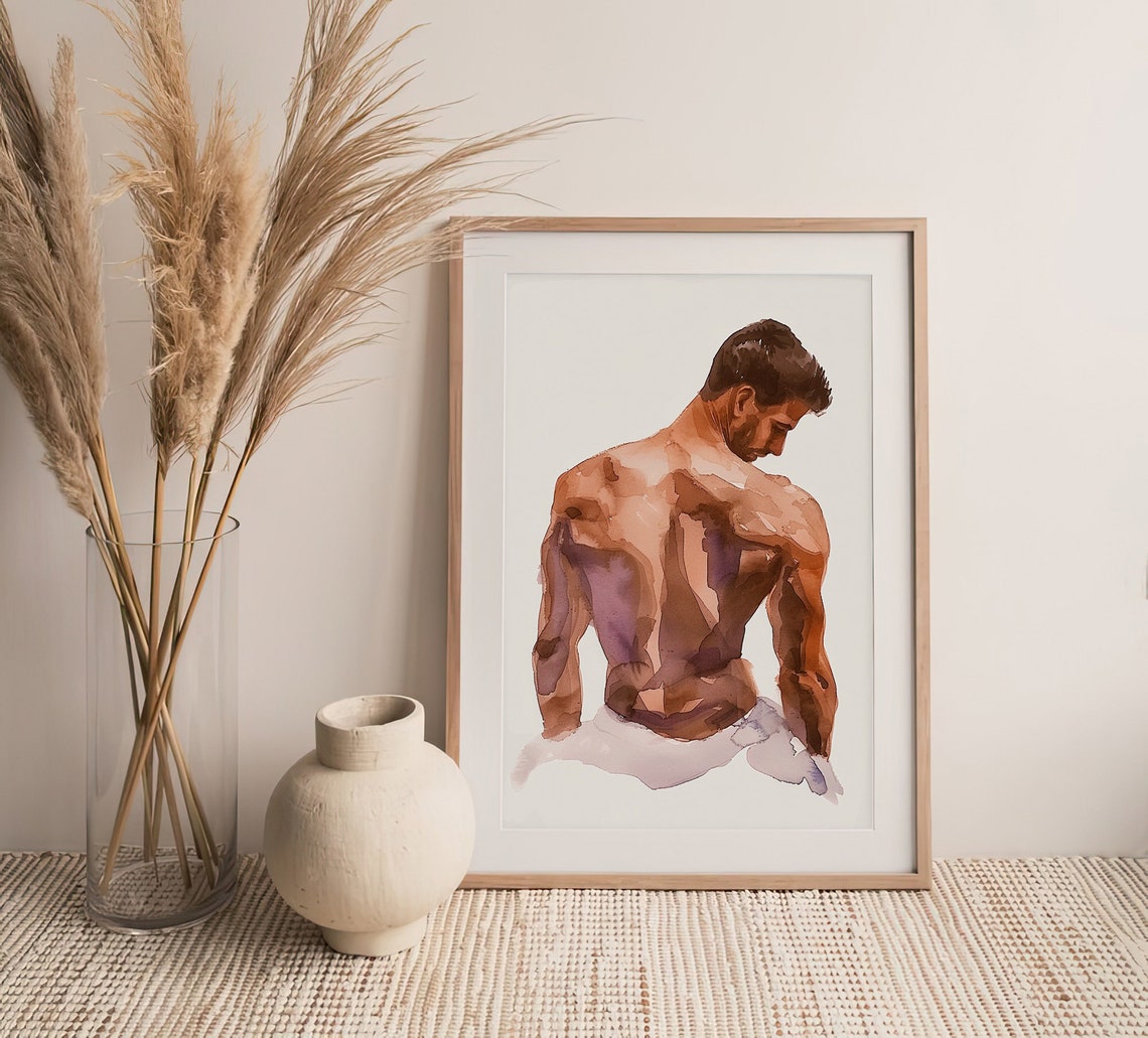 Male Back Figure Watercolor Seated Nude Study Fine Art Body Print - Image 4