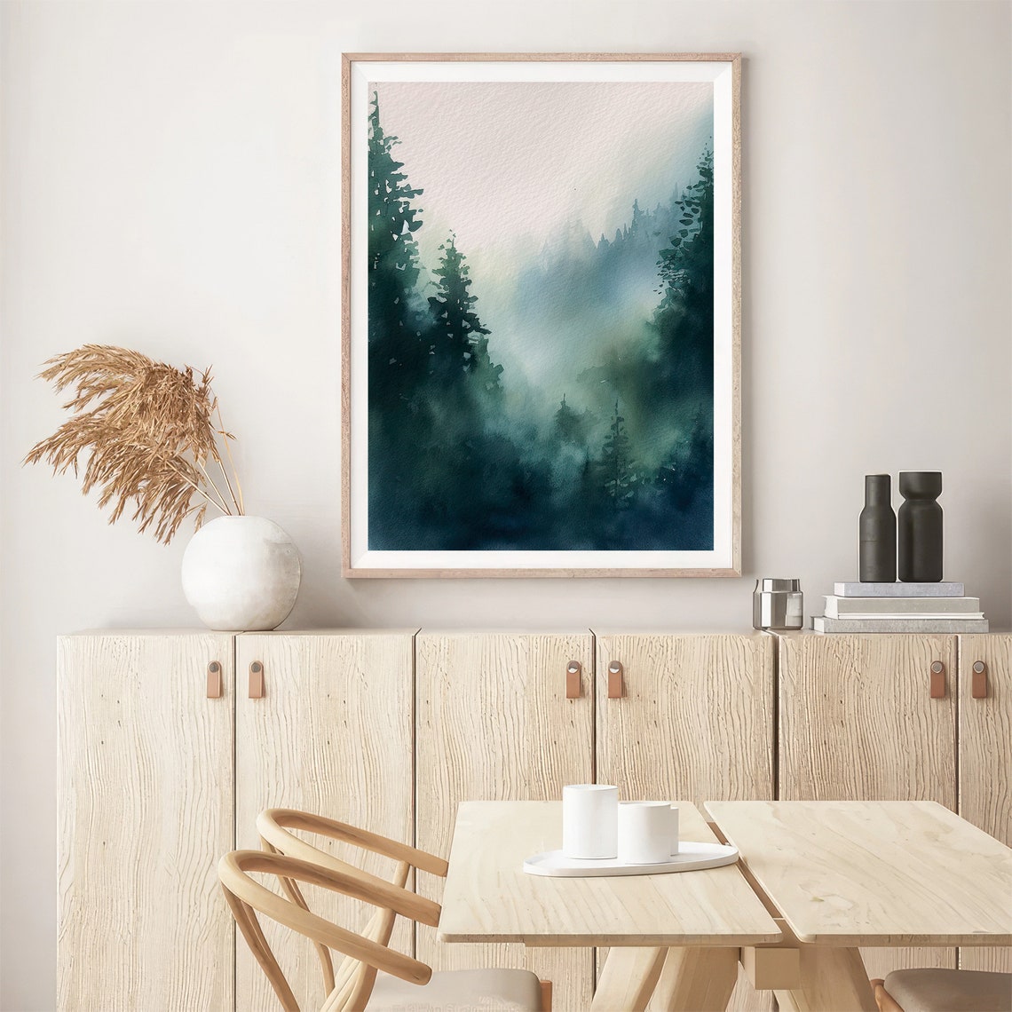 Stunning Teal Foggy Pine Forest Mountain Mist Watercolor Poster - Image 4