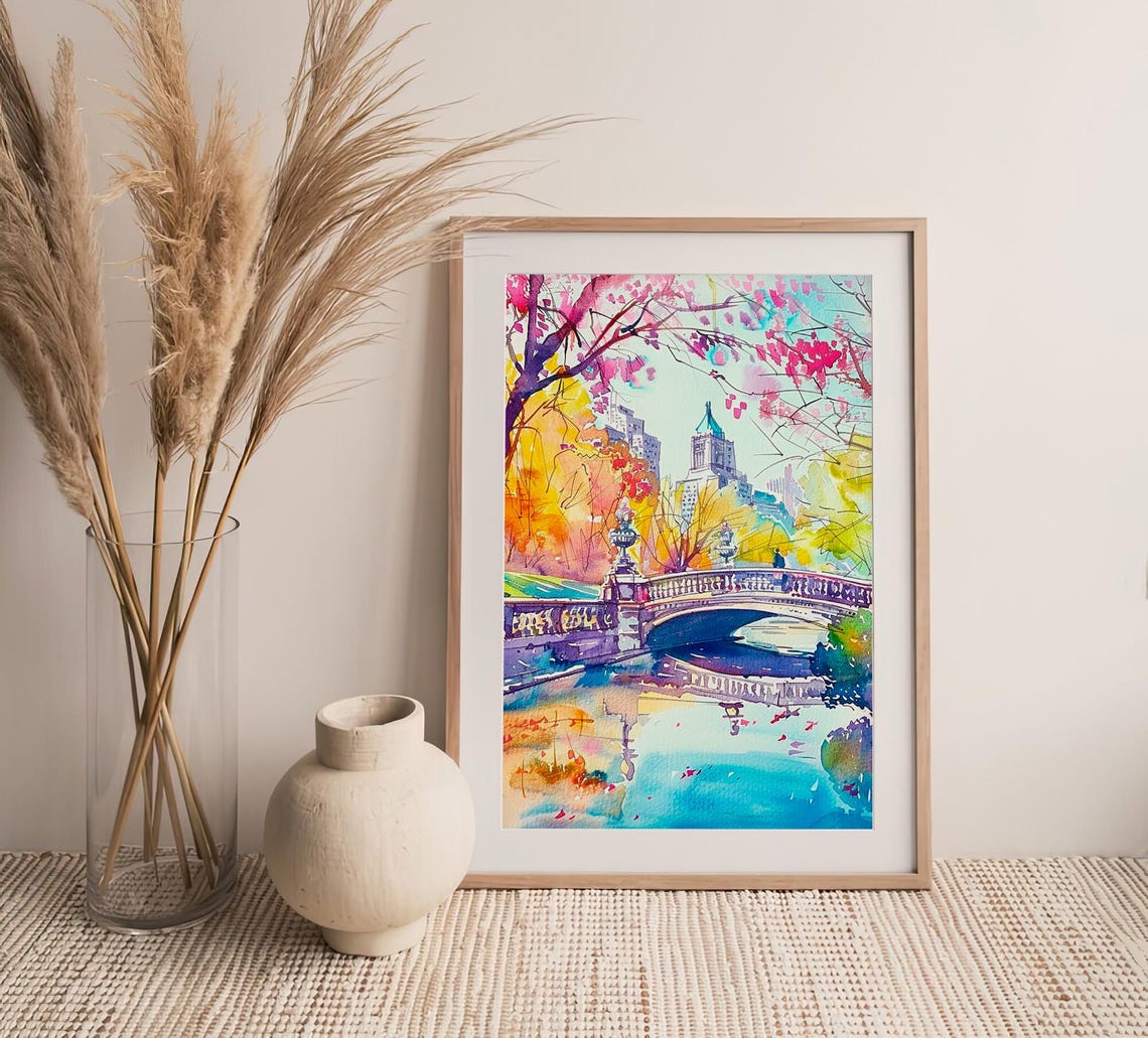 Bow Bridge Central Park Watercolor Spring Blossoms Colorful Art Print - Image 4