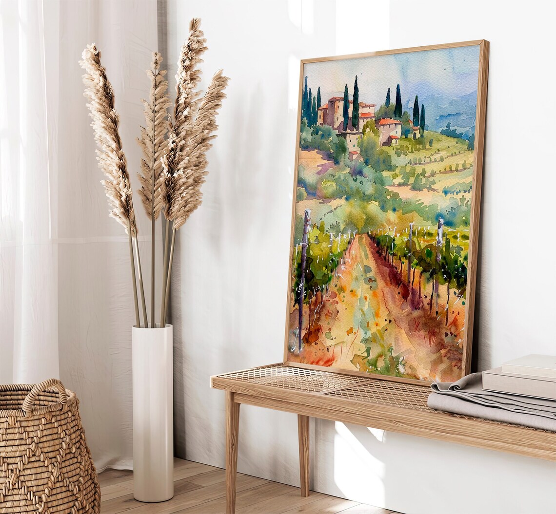 Tuscany Vineyard Watercolor Art Print, Italian Countryside - Image 2
