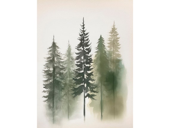 Pine Trees Painting Misty Forest Poster Minimalist Wall Art Decor Evergreen Tree Print By Feelingprints