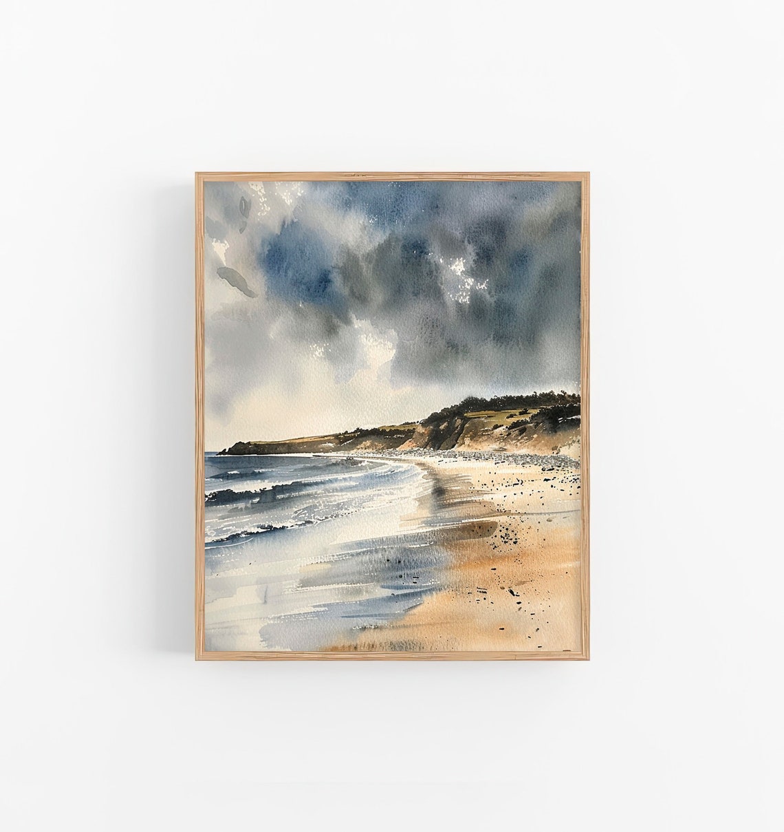 Cornwall Coastline Watercolor Sandy Beach Waves Headland Poster