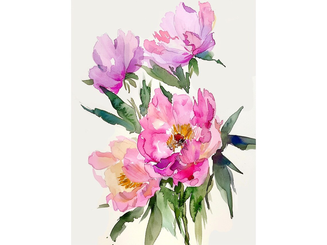 Pink Peonies Watercolor Art Print, Botanical Decor