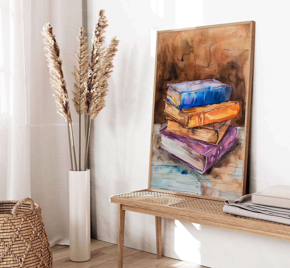 Books Watercolor Painting, Farmhouse Library Art Print - Image 5