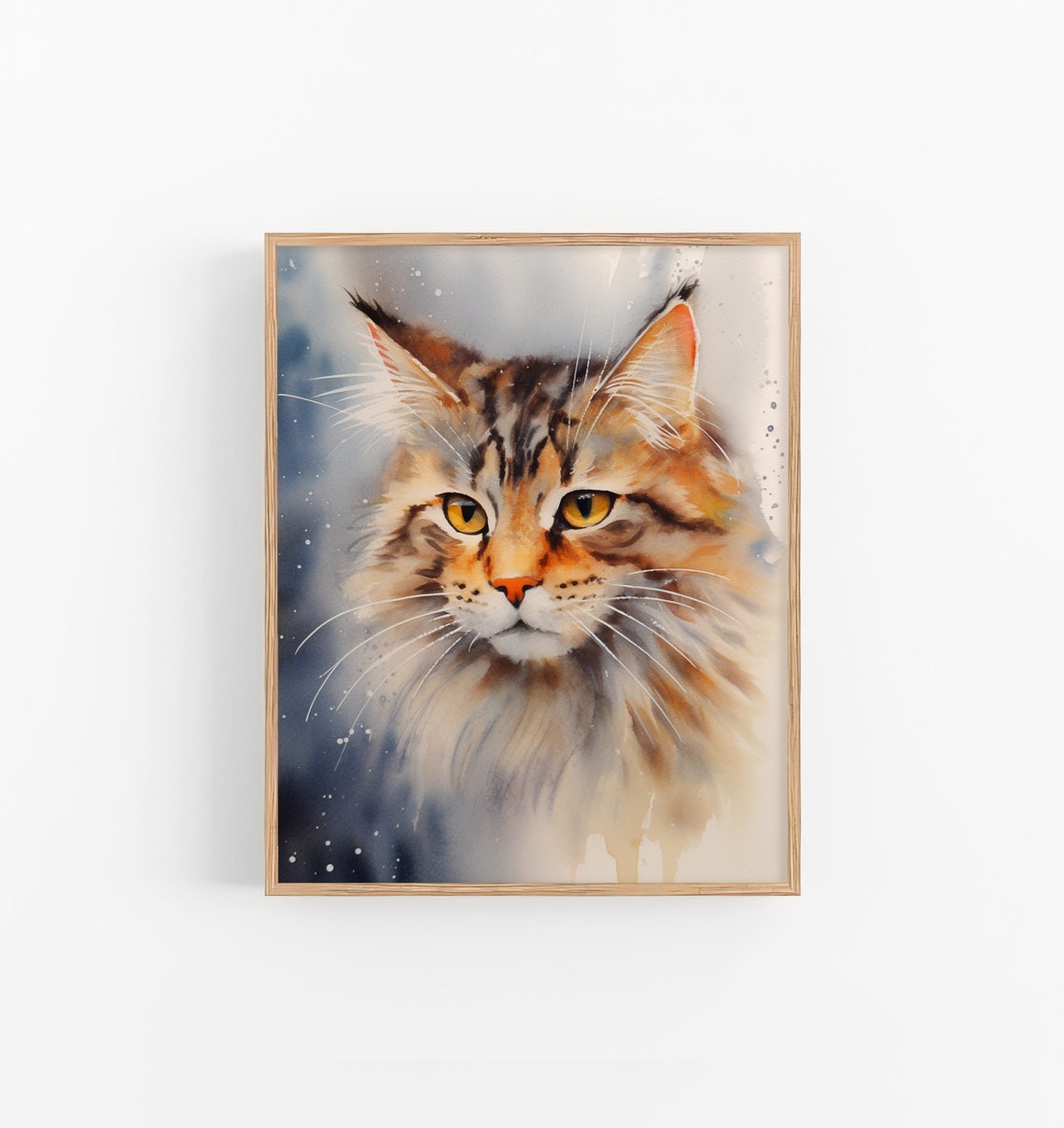 Cat Portrait Watercolor Long Haired Tabby Amber Eyes Pet Art Poster