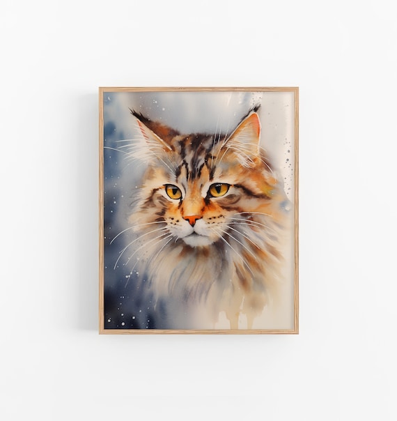 Cat Portrait Watercolor Long Haired Tabby Amber Eyes Pet Art Poster