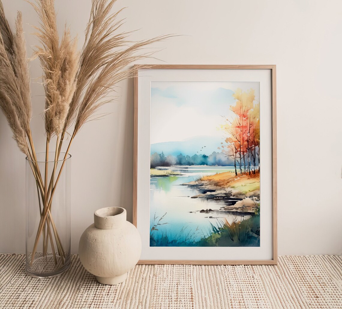 Stunning Autumn Vermont Lake Birch Trees Tranquil Watercolor Poster - Image 2