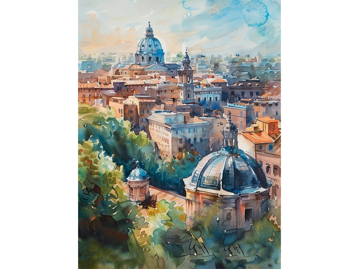 Rome Cityscape Watercolor Art Print, Italy Travel Poster