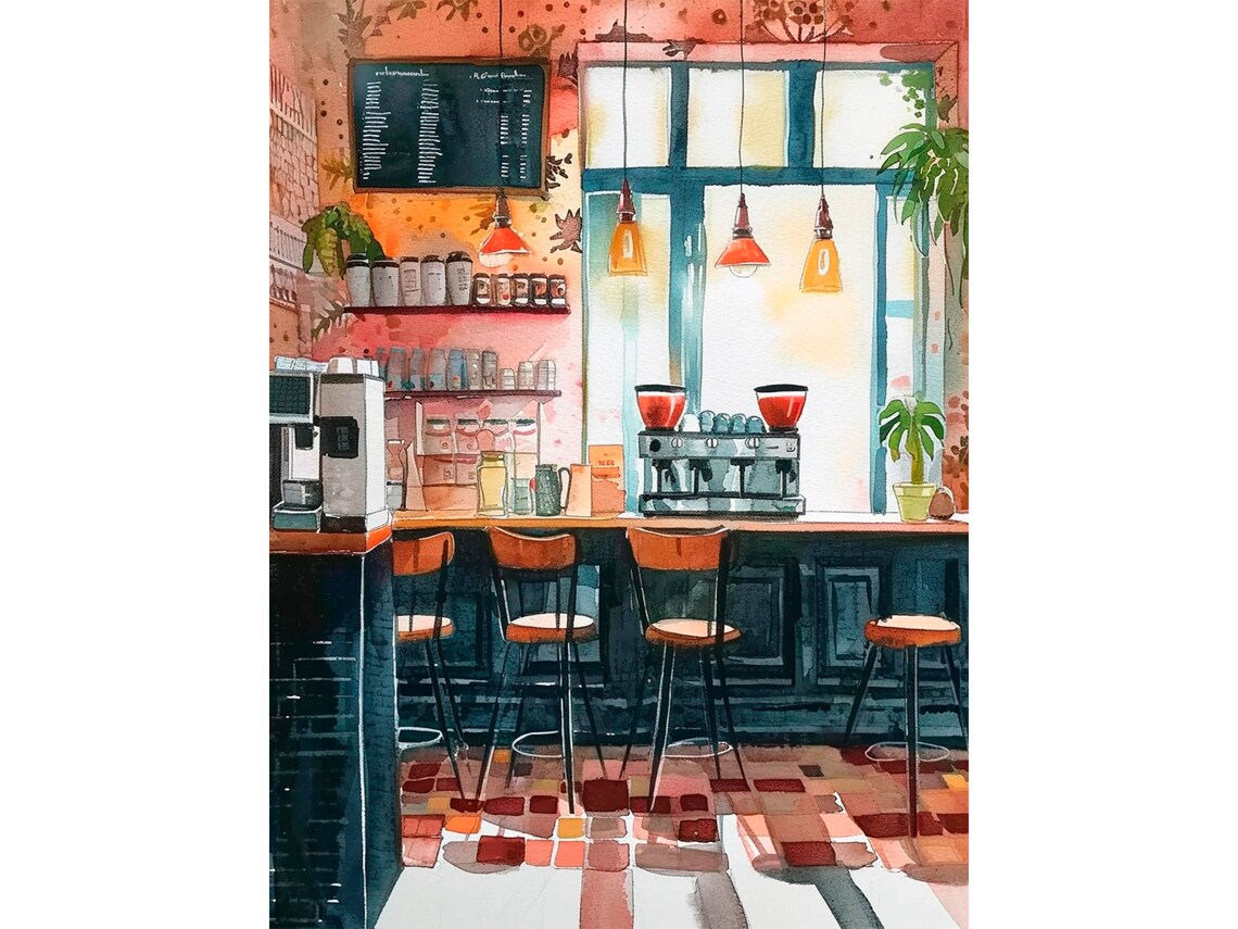 Cafe Watercolor Art Print, Coffee Kitchen Decor