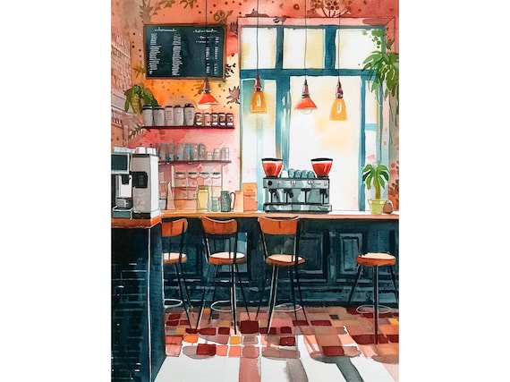 Cafe Watercolor Art Print, Coffee Kitchen Decor