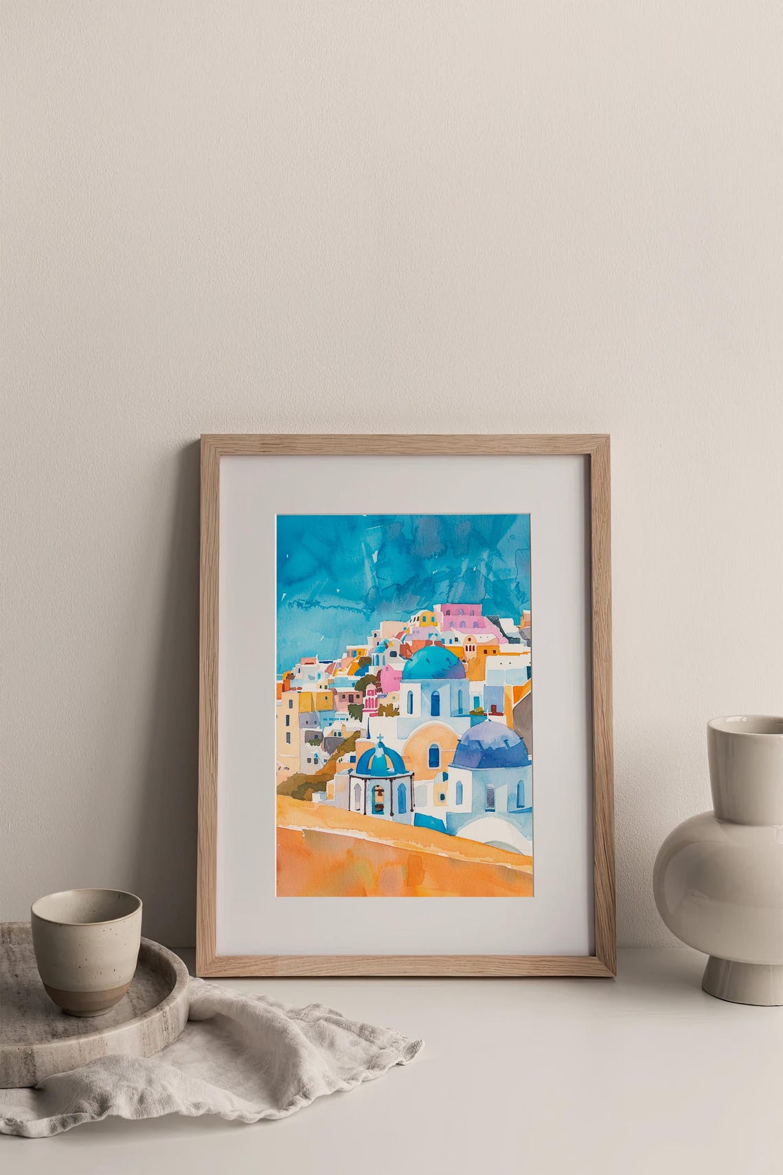 Santorini Watercolor Blue Domed Churches Whitewashed Village Poster - Image 3