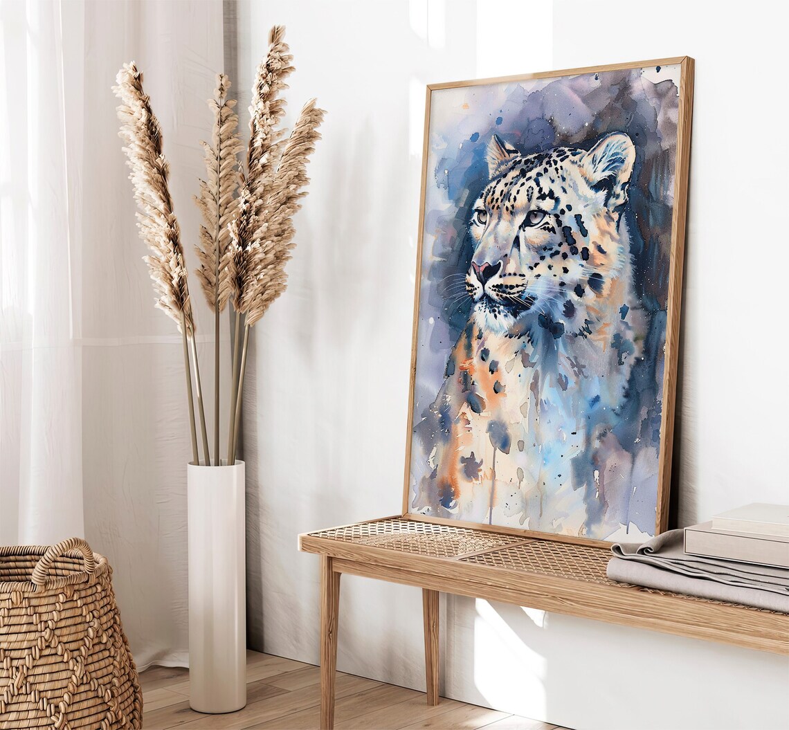 Snow Leopard Portrait Wild Big Cat Watercolor Wildlife Painting Poster - Image 2