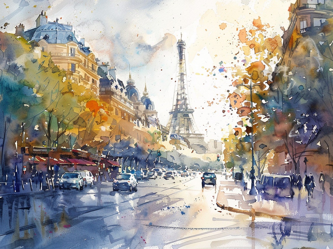 Paris Street With Eiffel Tower Autumn Rain Watercolor Cityscape Poster