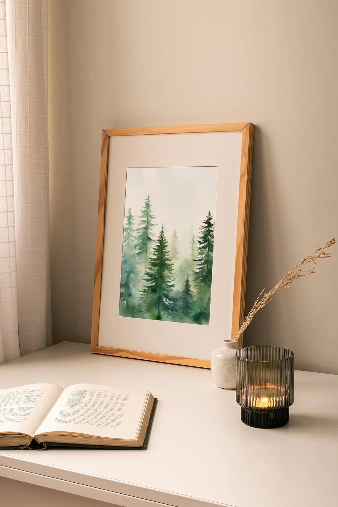 Misty Evergreen Pine Forest Fog Watercolor Nature Landscape Poster - Image 2