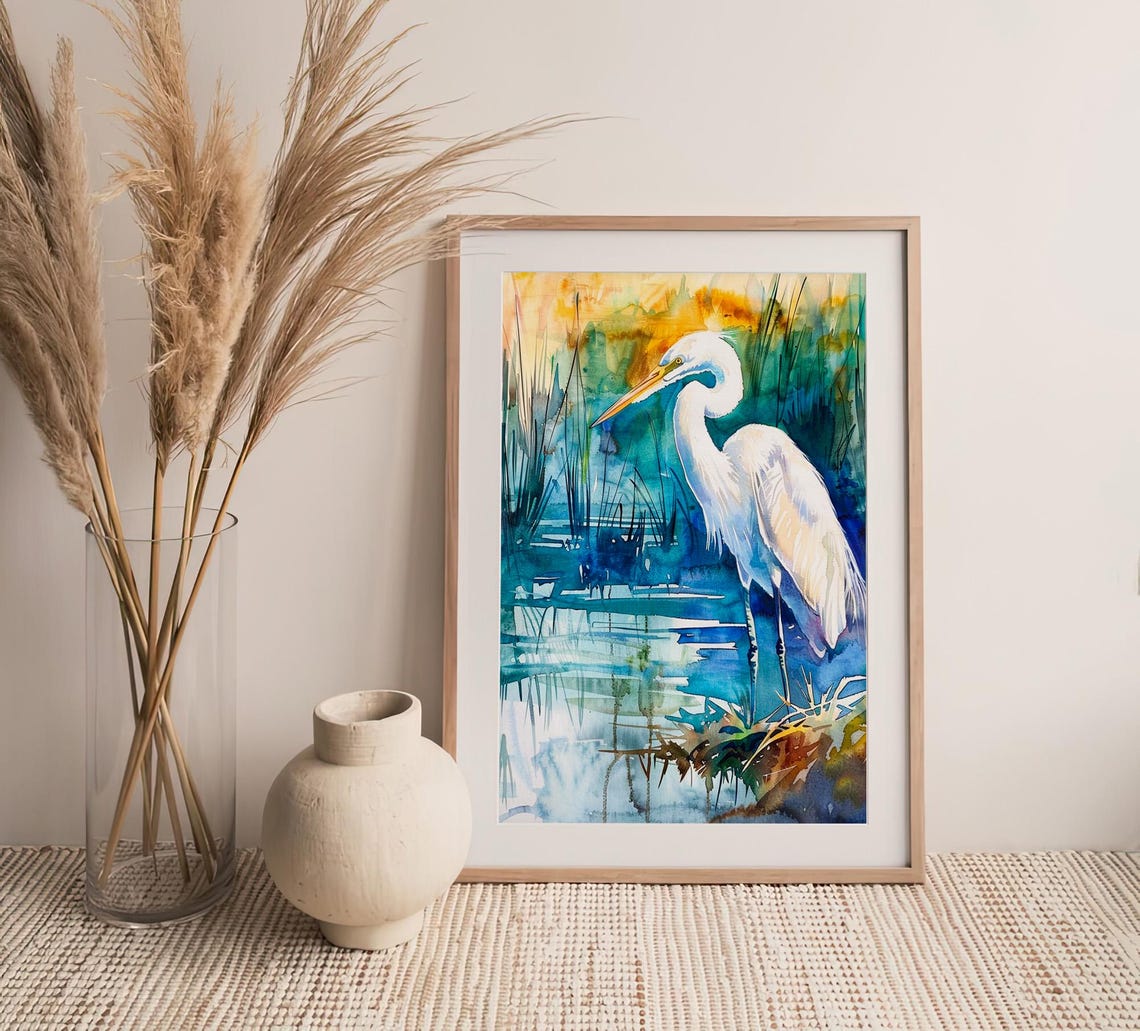 Great White Egret Heron in Marsh Watercolor Bird Painting Poster - Image 3
