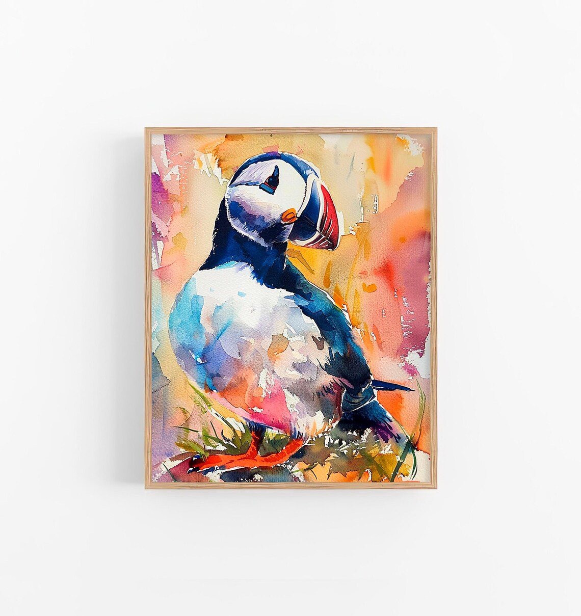 Atlantic Puffin Portrait Colorful Watercolor Wildlife Bird Wall Art