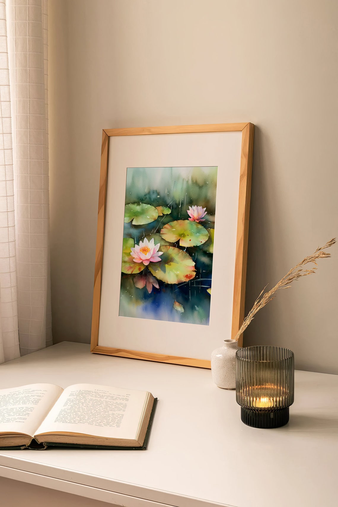 Pink Water Lily Pond Blossoms Watercolor Floral Scene Poster - Image 2