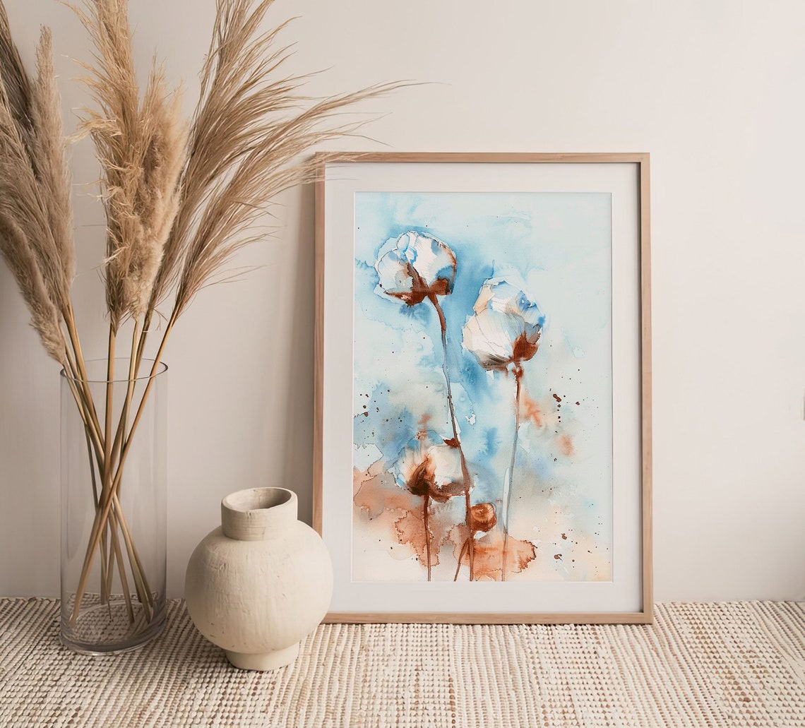 Delicate White Cotton Blossoms Abstract Floral Watercolor Poster - Image 4