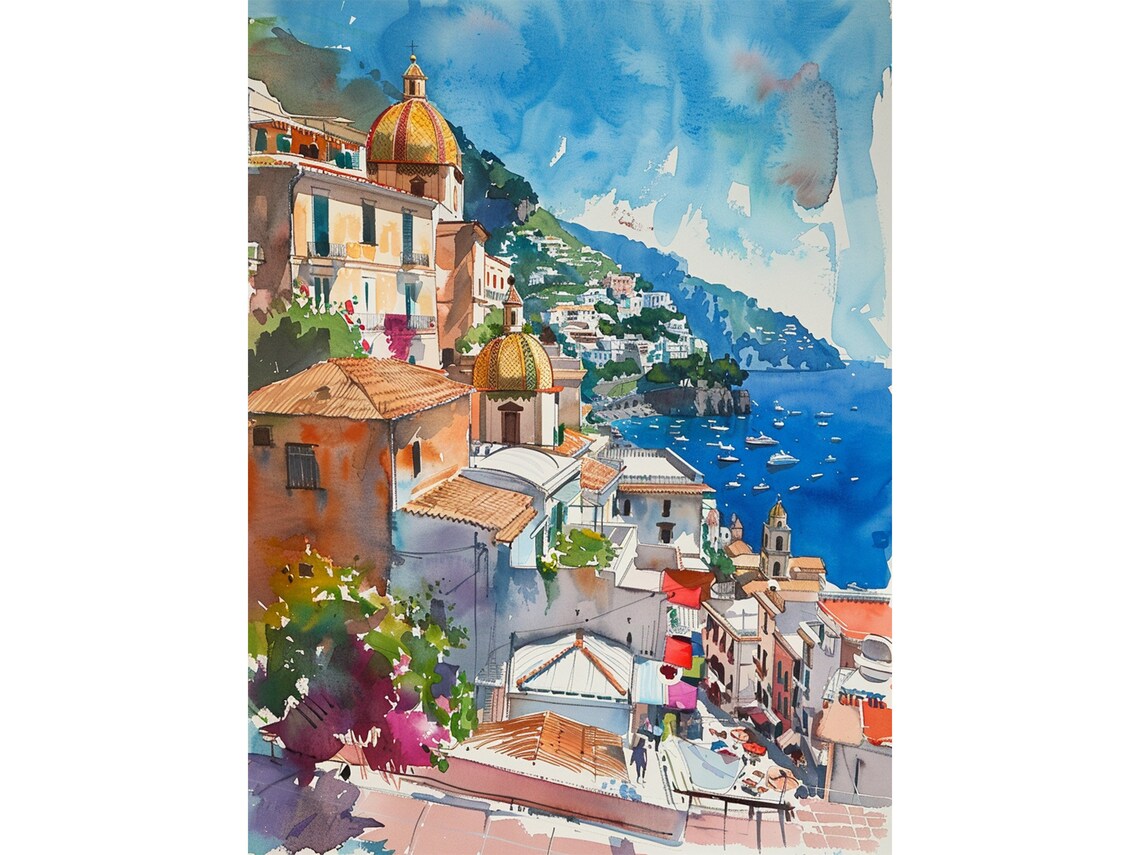 Positano Church Domes Amalfi Coast Watercolor Italy Seaside Poster