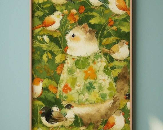 Cute Cat in Floral Dress Watercolor Art Print with Songbirds Nursery