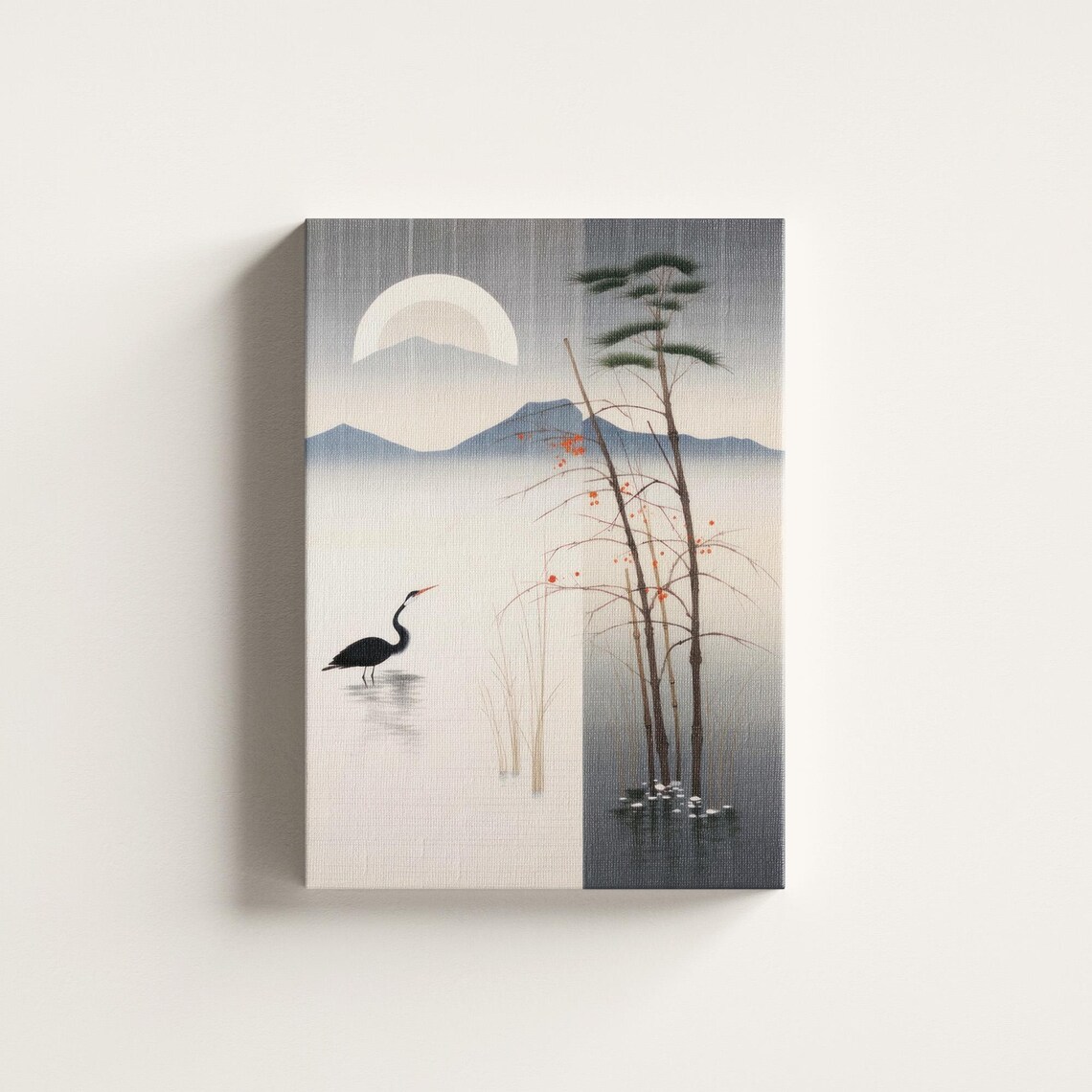 Japanese Heron Moonlit Lake Pines Ink Wash Minimalist Wall Poster
