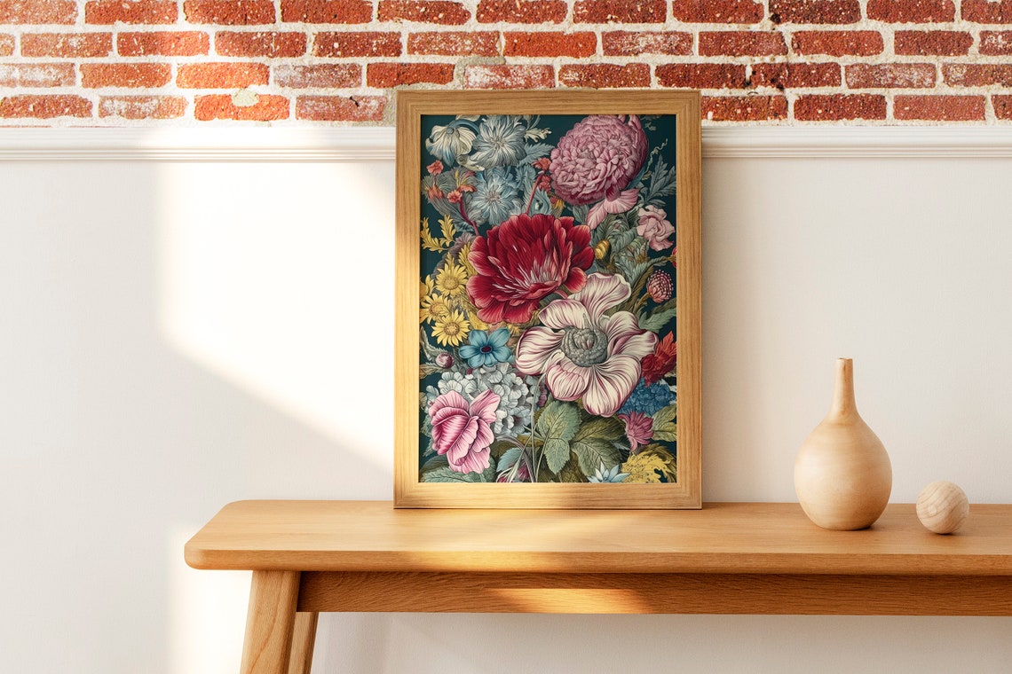 Wildflower Bouquet Vintage Botanical Illustration Dark Teal Art Print - Image 2