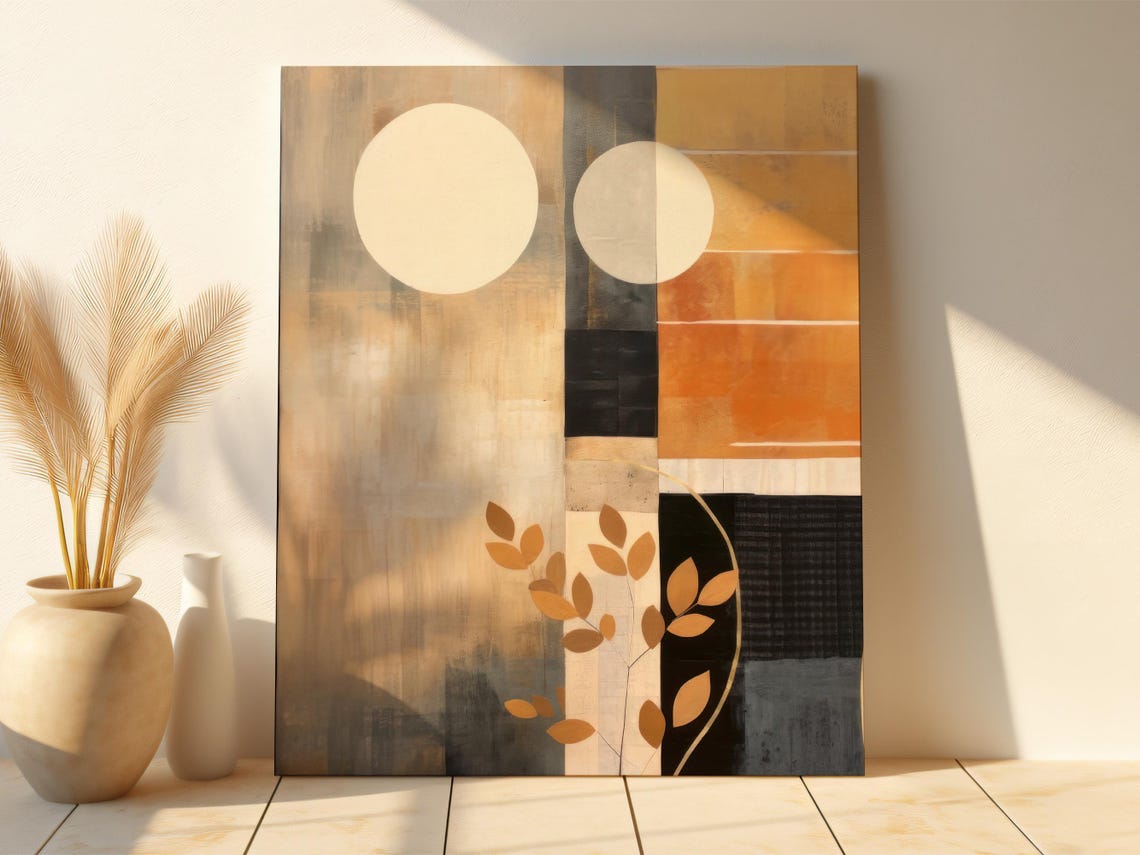 Twin Moons Abstract Botanical Golden Leaves Beige Modern Poster