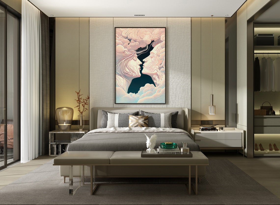 Two Faces Merging in Clouds Line Art Celestial Embrace Poster - Image 2
