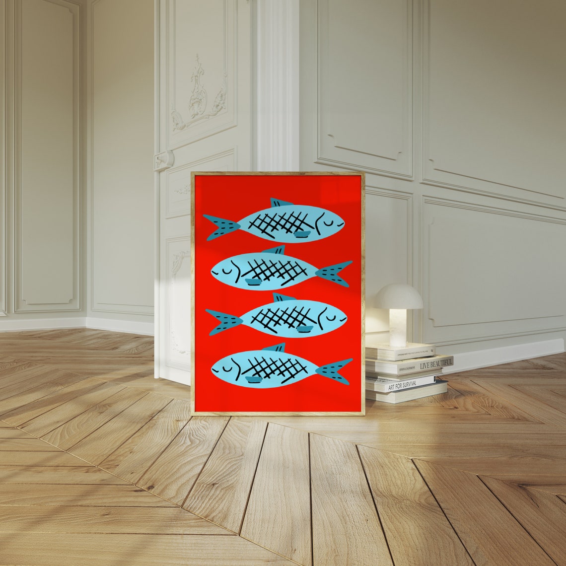 Blue Sardine Fish On Red Retro Mid Century Kitchen Decor Poster - Image 2