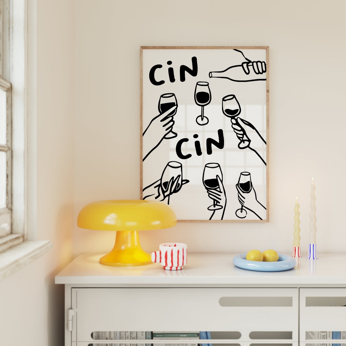 Cin Cin Wine Cheers Hands Toasting Glasses Black Line Art Poster - Image 2