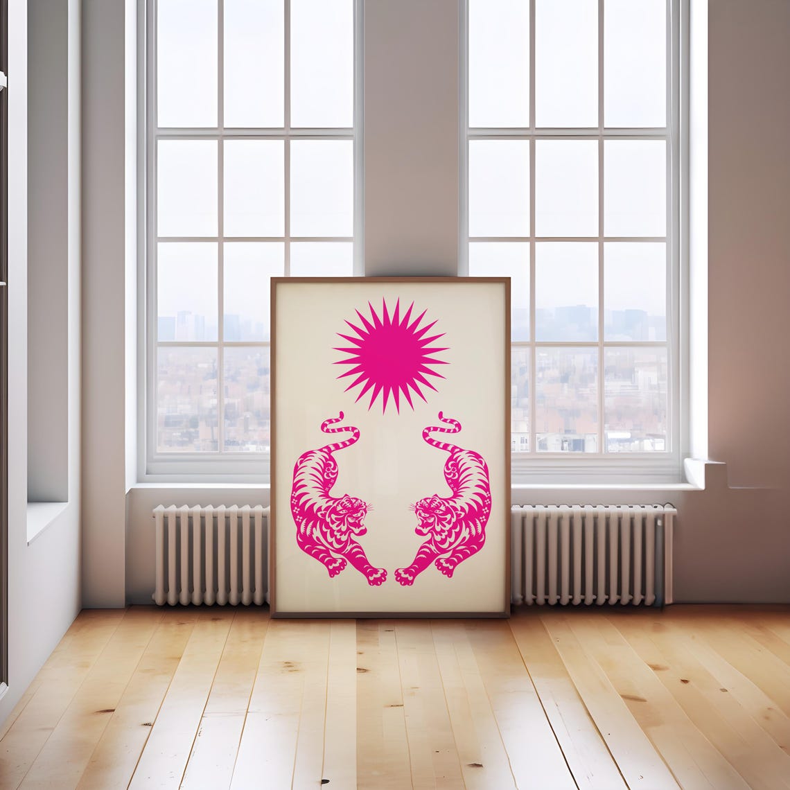 Twin Pink Tigers Spiky Sun Minimalist Bold Animal Art Poster - Image 2