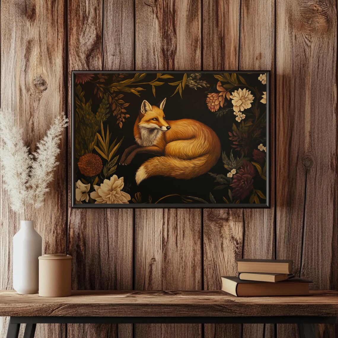 Red Fox Curled Among Dark Florals Victorian Botanical Poster - Image 5