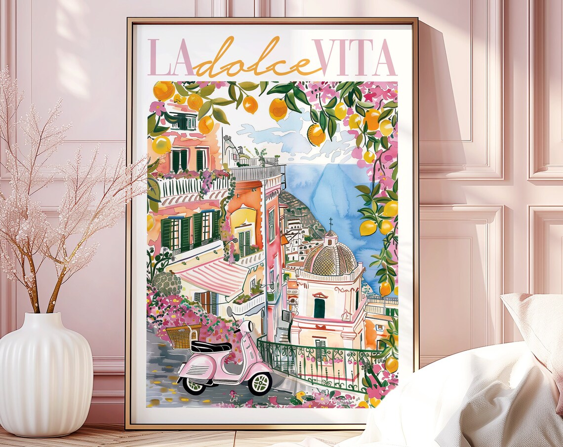 La Dolce Vita Amalfi Coast Italy Watercolor Travel Poster