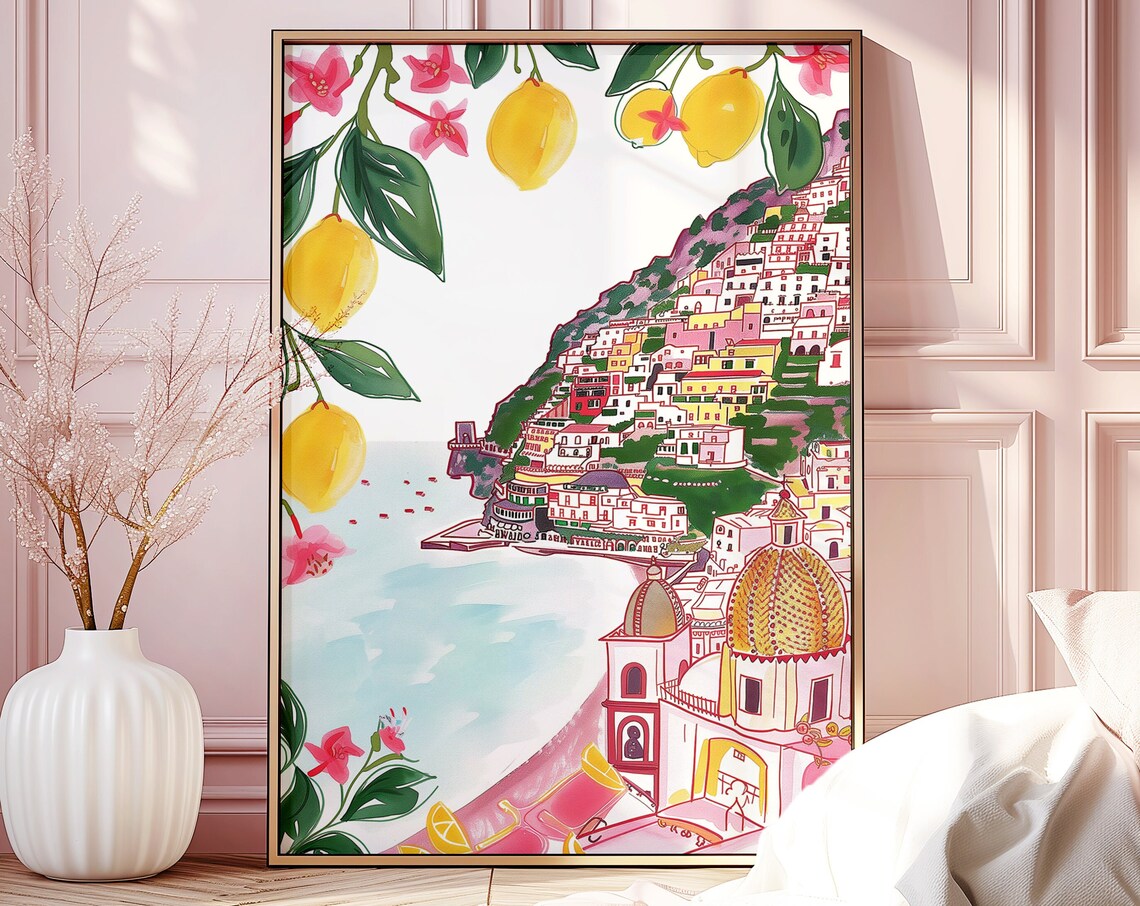 Amalfi Coast Italy Lemons Positano Watercolor Coastal Travel Poster