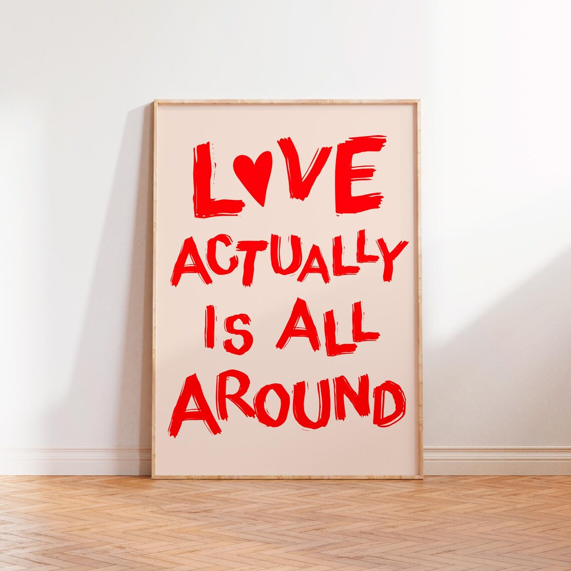 Love Actually Is All Around Quote Poster Red Brush Font On Blush