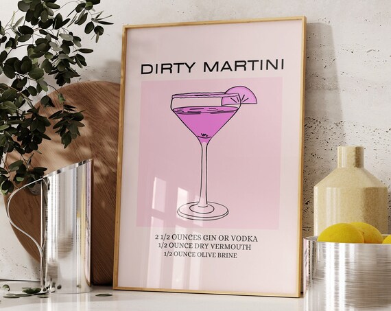 Dirty Martini Pink Cocktail Recipe Bar Cart Minimalist Print